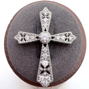 Cubic Zirconia Prong Set Cross Brooch VTG Sterling Silver 925 Size 0.75" Length